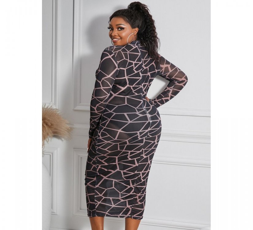 Geometric Print See-through Mesh Plus Size Midi Dress - from category Midi Dresses