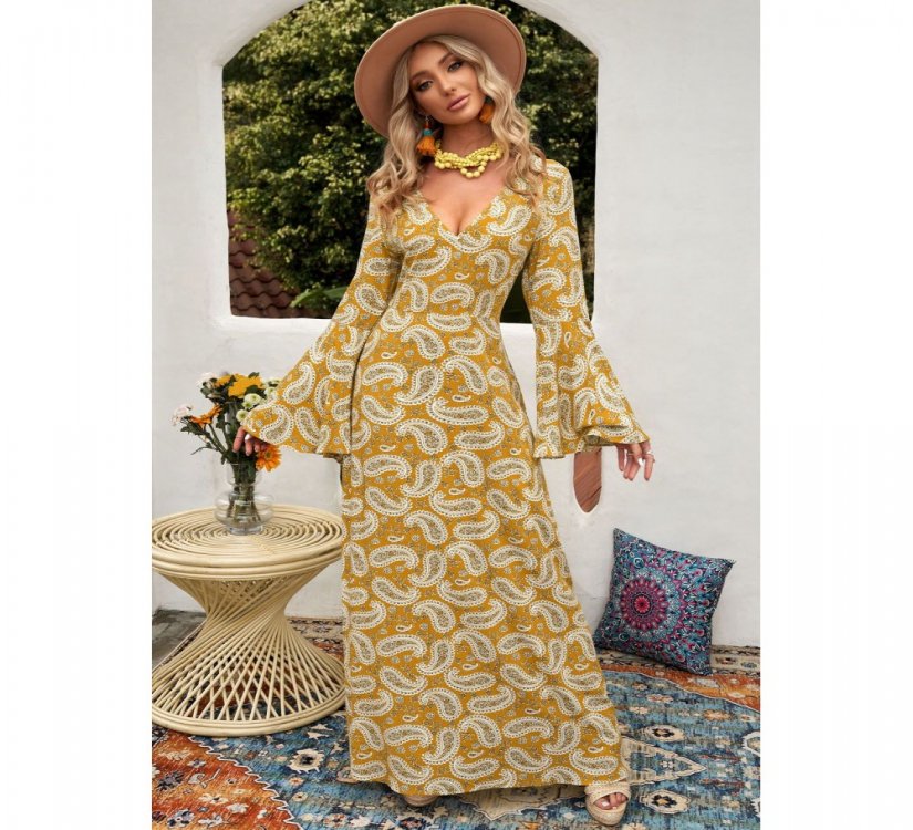 Yellow Bohemian V Neck Bell Sleeves Paisley Print Maxi Dress - from category Maxi Dresses