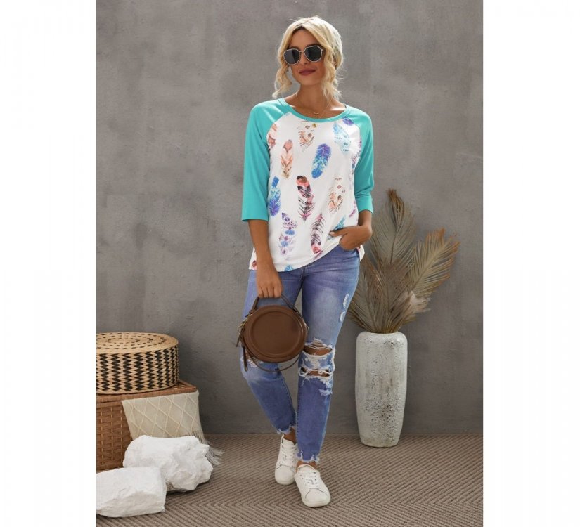 Green Feather Print 3/4 Raglan Sleeve Top