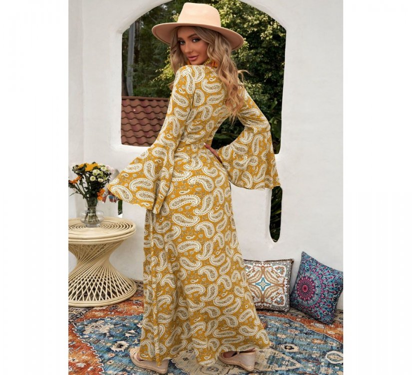 Yellow Bohemian V Neck Bell Sleeves Paisley Print Maxi Dress - from category Maxi Dresses