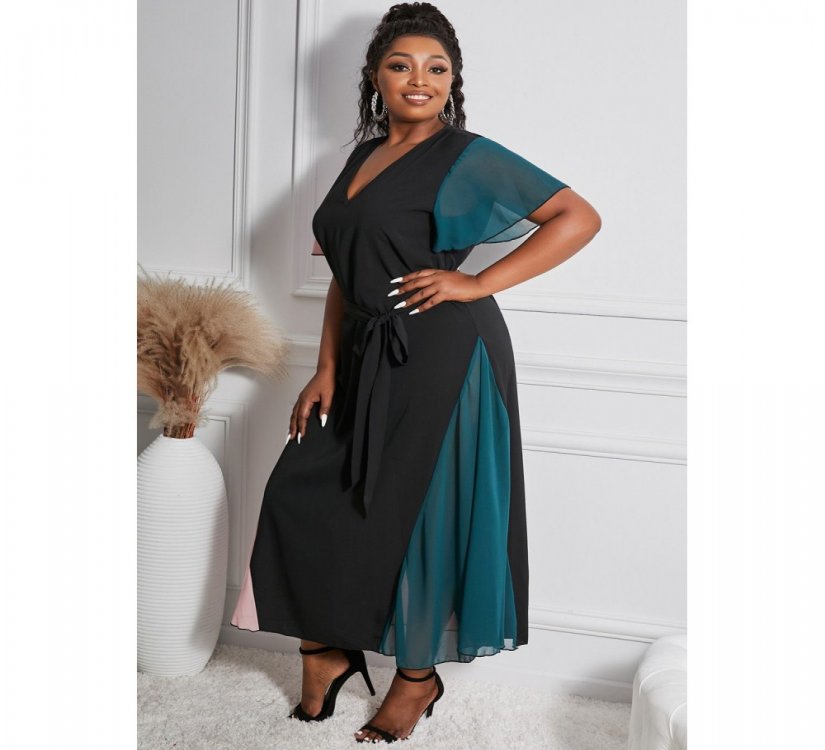 Color Block Lace-up V Neck Plus Size Maxi Dress - from category Maxi Dresses