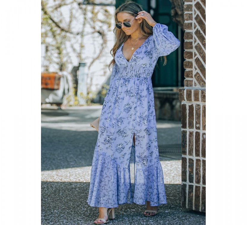 Sky Blue Floral Print Bubble Sleeves Hollow-out Back Maxi Dress - from category Maxi Dresses