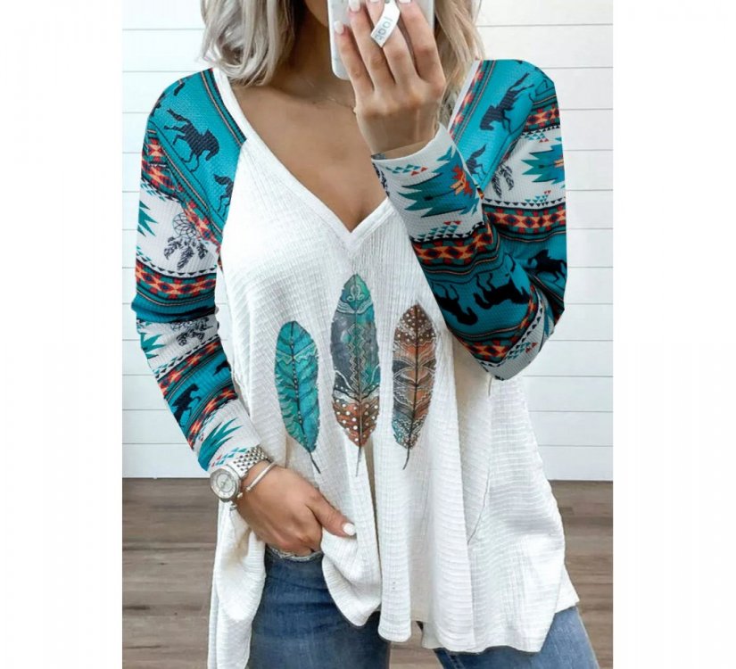 Western Aztec Geometric Feather Horse Blouse - from category Long Sleeve Tops