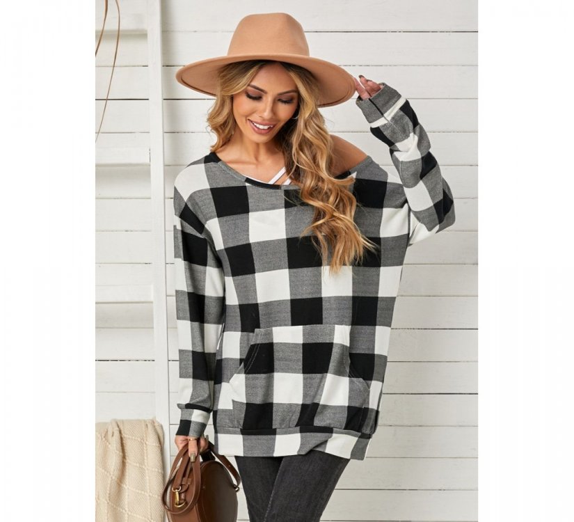 Plaid Kangaroo Pocket Long Sleeve Blouse - from category Long Sleeve Tops