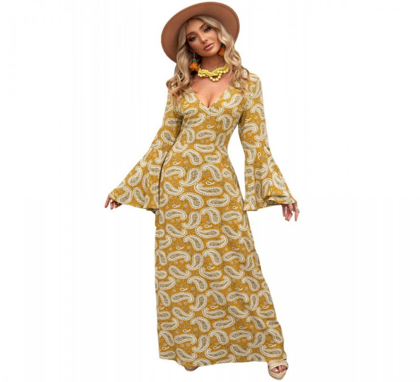 Yellow Bohemian V Neck Bell Sleeves Paisley Print Maxi Dress - from category Maxi Dresses