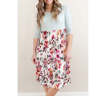 Grey Solid Bodice Floral Bottom Midi Dress - from category Midi Dresses