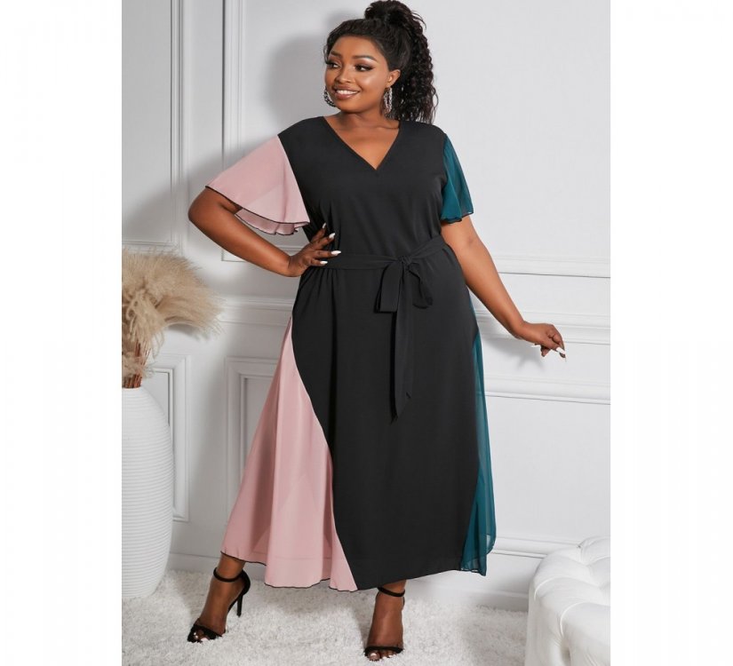 Color Block Lace-up V Neck Plus Size Maxi Dress - from category Maxi Dresses