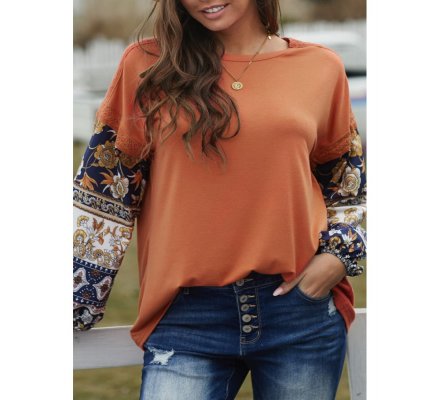 Brown Boho Floral Print Balloon Sleeve Top with Lace Details - from category Long Sleeve Tops