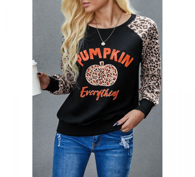 Halloween Leopard Pumpkin Print Long Sleeve Crew Neck Top - from category Long Sleeve Tops