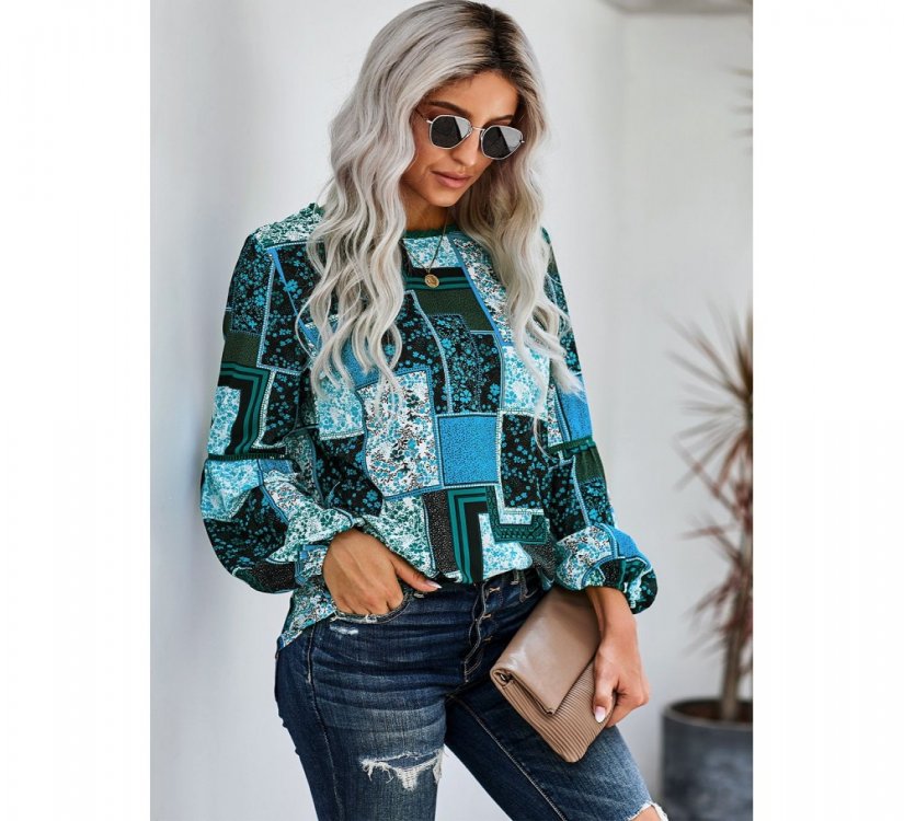 Blue Bohemian Floral Print Patchwork Top - from category Long Sleeve Tops