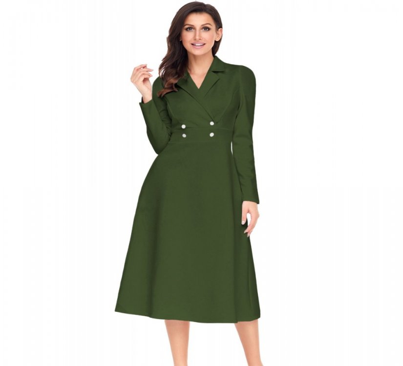 Army Green Vintage Button Collared Fit-and-flare Dress