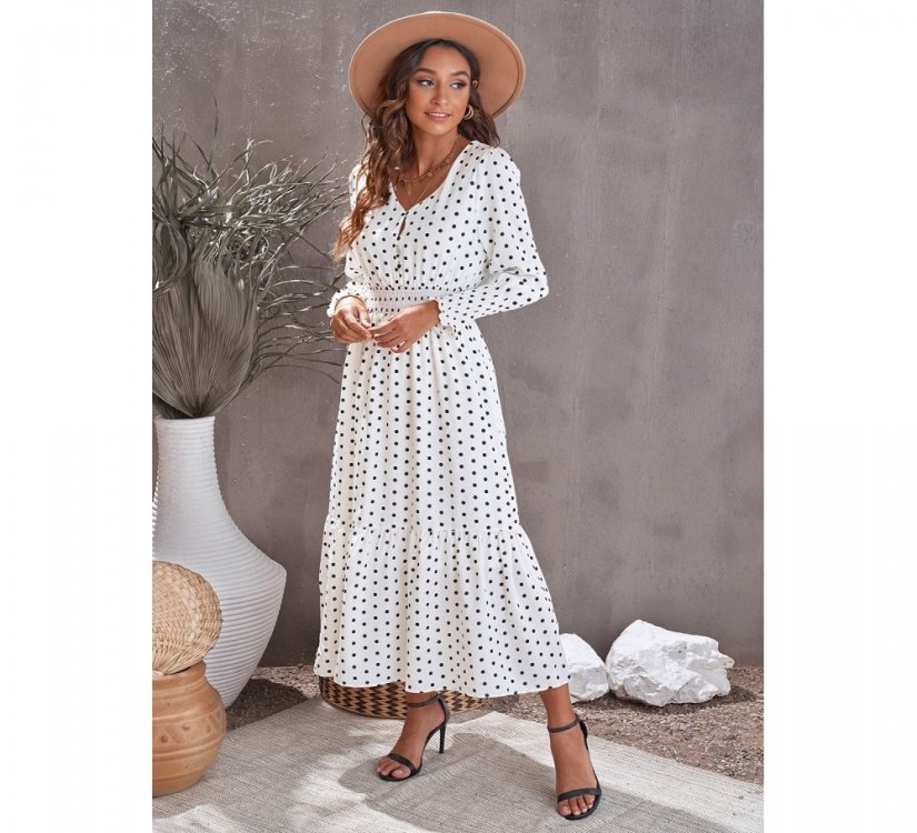 White V Neck Lantern Sleeve Elastic Waist Polka Dot Dress - from category Maxi Dresses