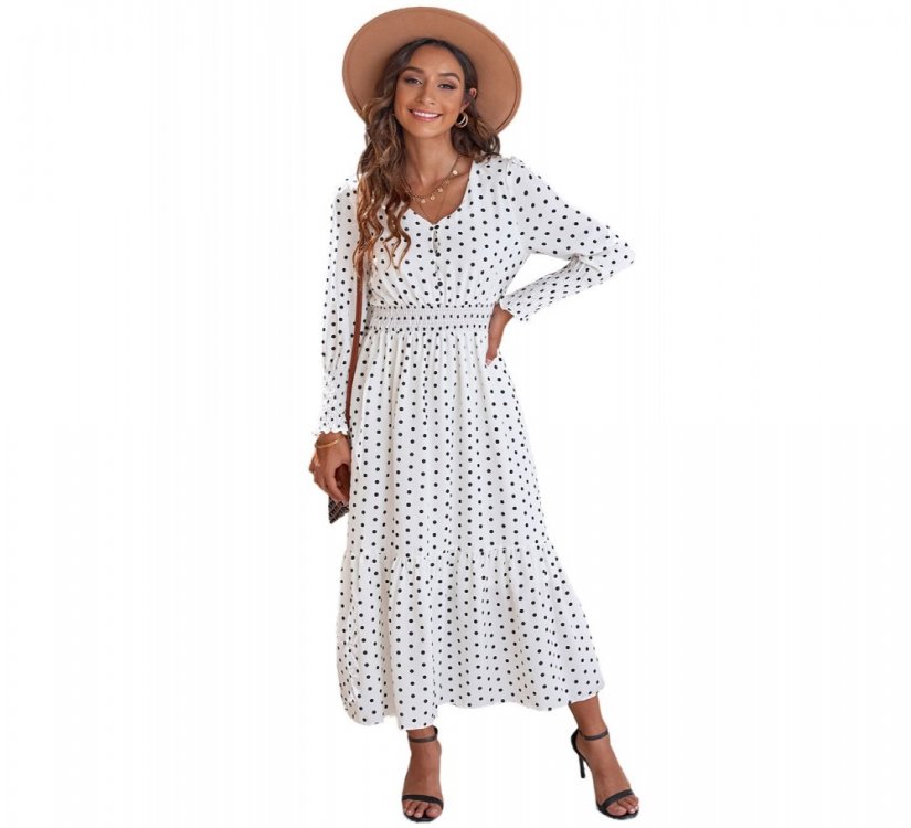 White V Neck Lantern Sleeve Elastic Waist Polka Dot Dress - from category Maxi Dresses