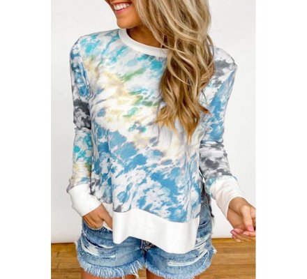 Blue High Low Hem Tie-dye Print Top with Slits - from category Long Sleeve Tops