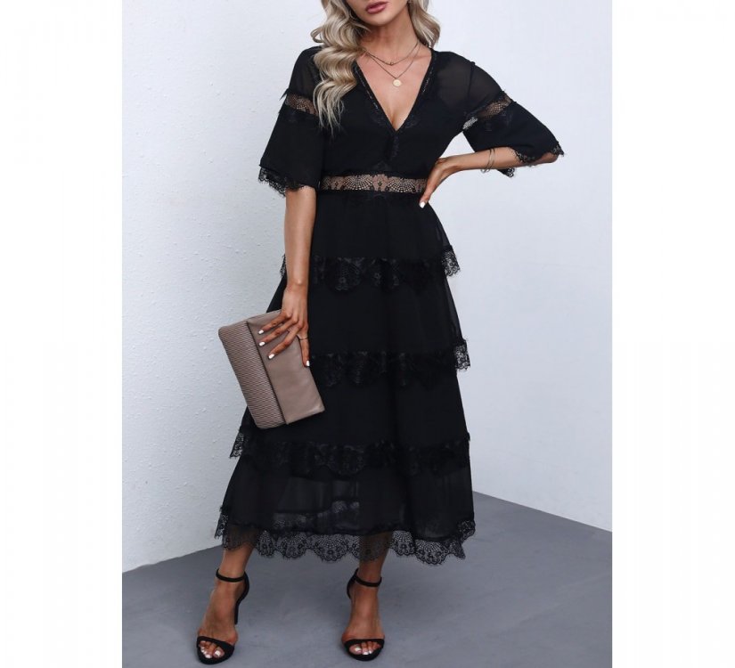 Black Swiss Dot Print See-through Lace Patch Layered Long Dress - from category Midi Dresses