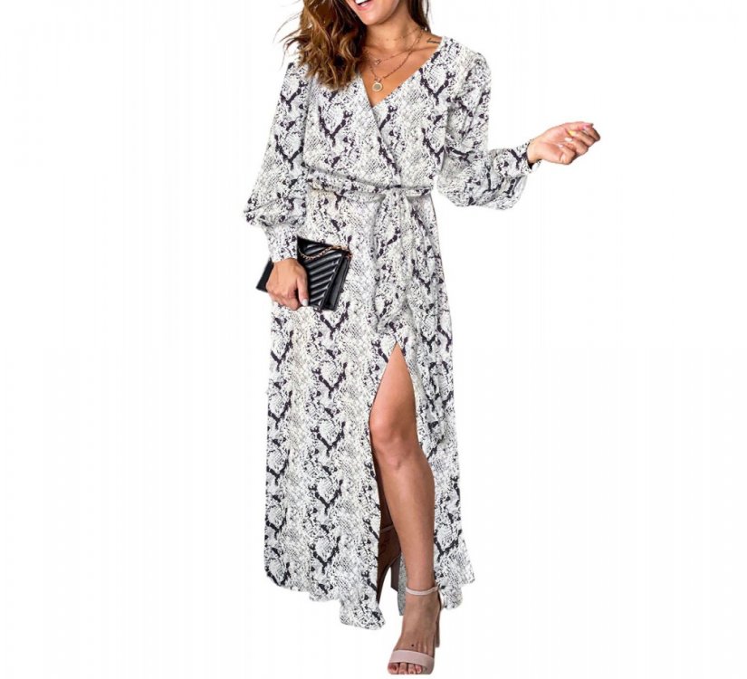 Gray Sexy V Neck Cuffed Sleeve Snakeskin Maxi Dress - from category Maxi Dresses