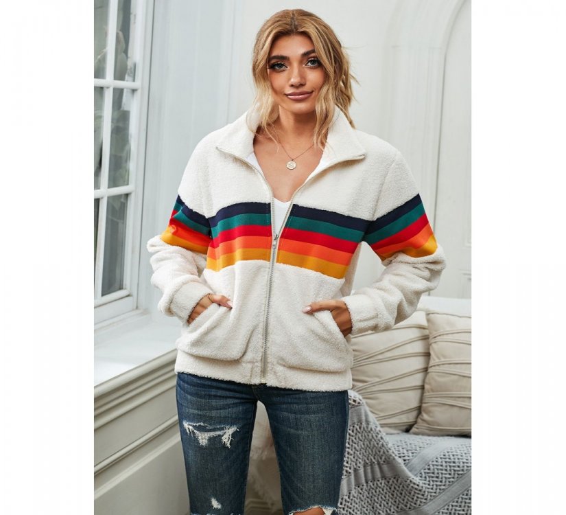 Rainbow Stripes White Sherpa Jacket Coat