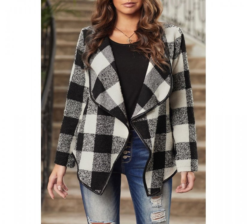 Black?Plaid Long Sleeve Asymmetric Collar Open Front Coat - from category Jackets & Coats