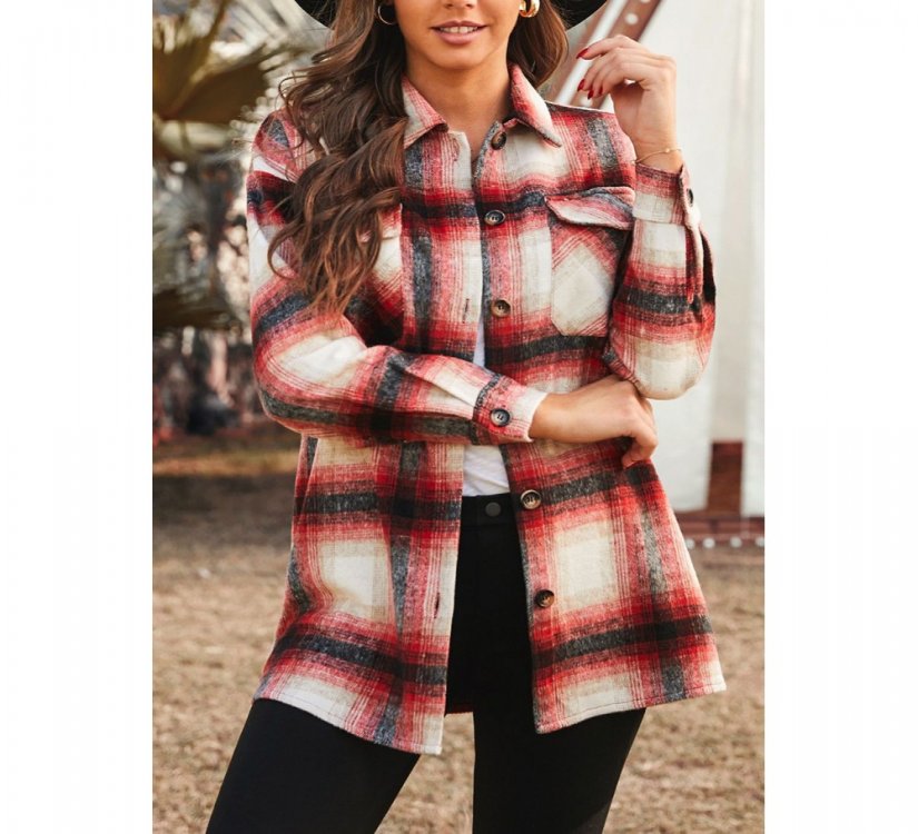 Red Turn down Neck Plaid Pocket Button Closure Coat - from category Jackets & Coats