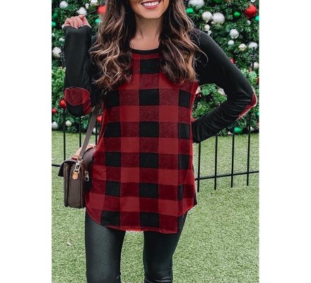 Red Plaid Long Sleeve Top with Elbow Patch - from category Long Sleeve Tops