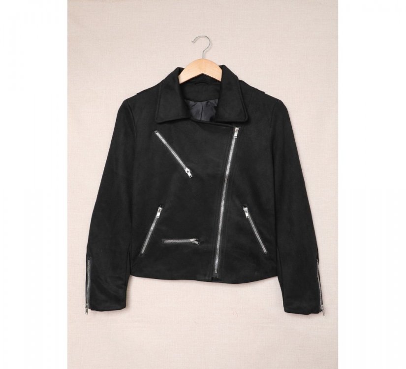 Black Zipped Notch Collar Short Jacket