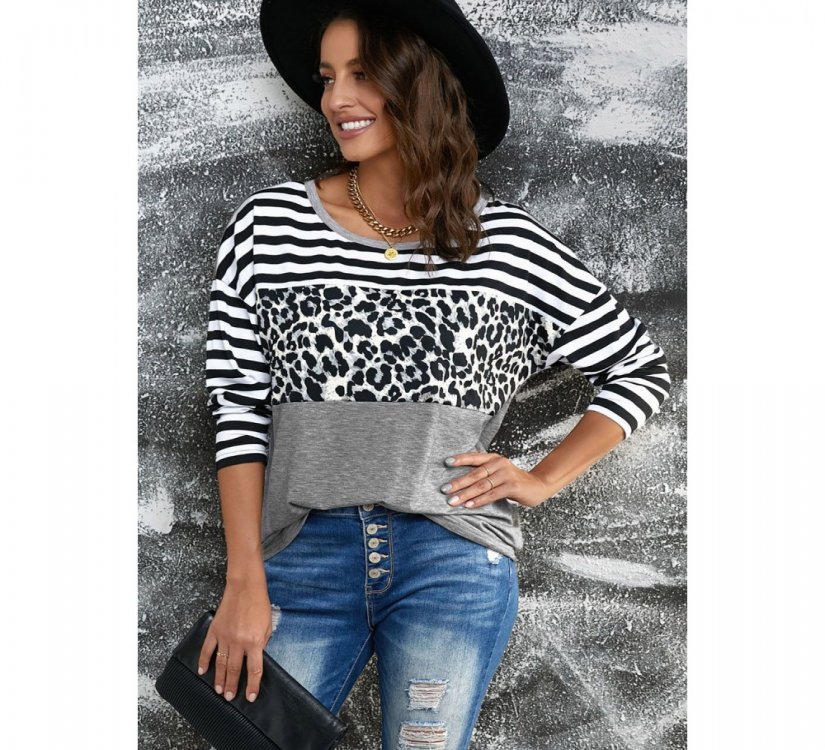 Striped Leopard Block Splicing Long Sleeve Top - from category Long Sleeve Tops