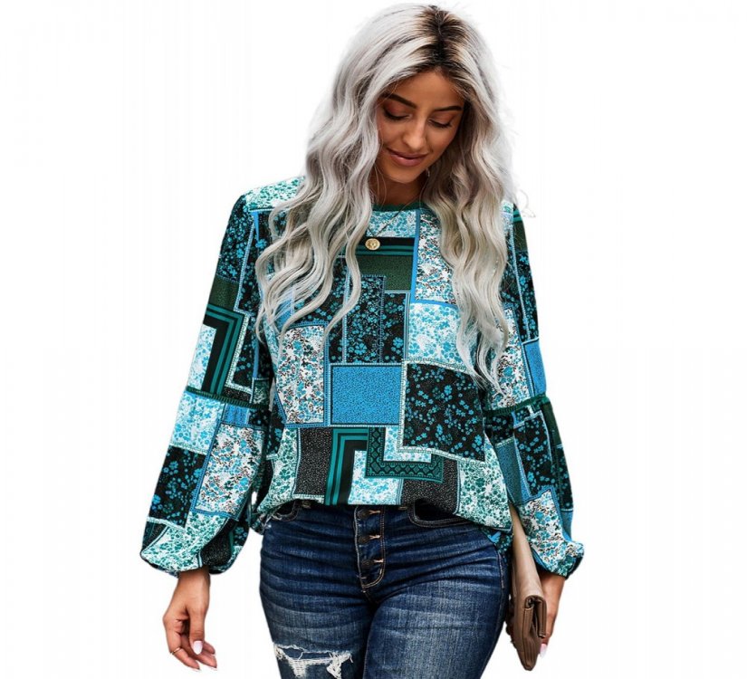 Blue Bohemian Floral Print Patchwork Top - from category Long Sleeve Tops