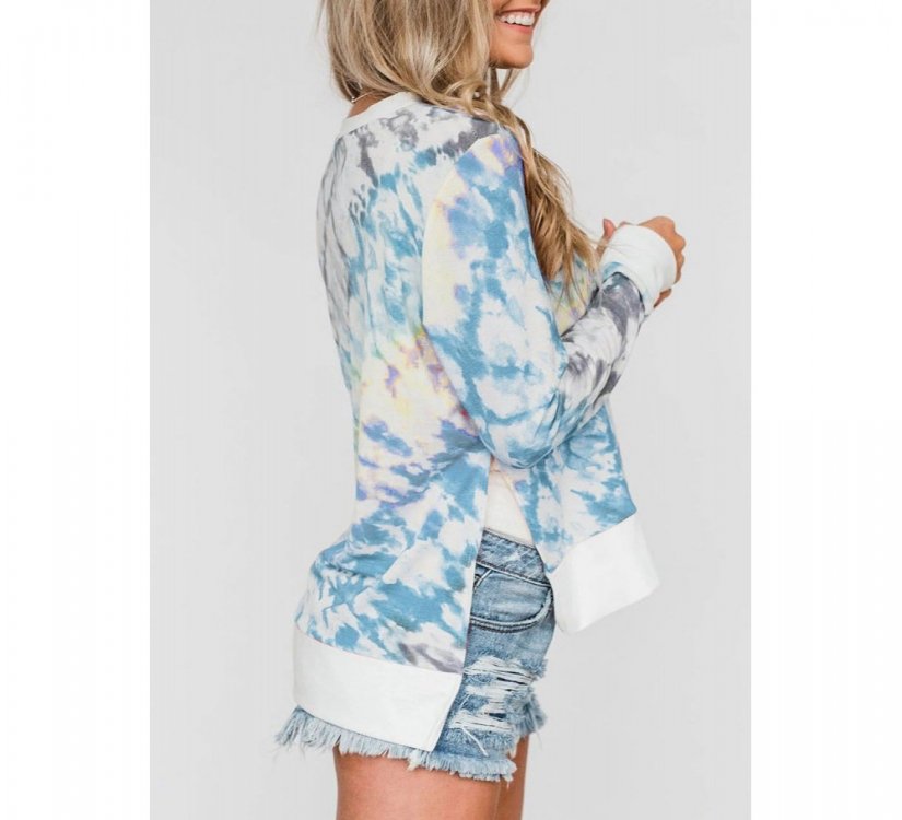 Blue High Low Hem Tie-dye Print Top with Slits - from category Long Sleeve Tops