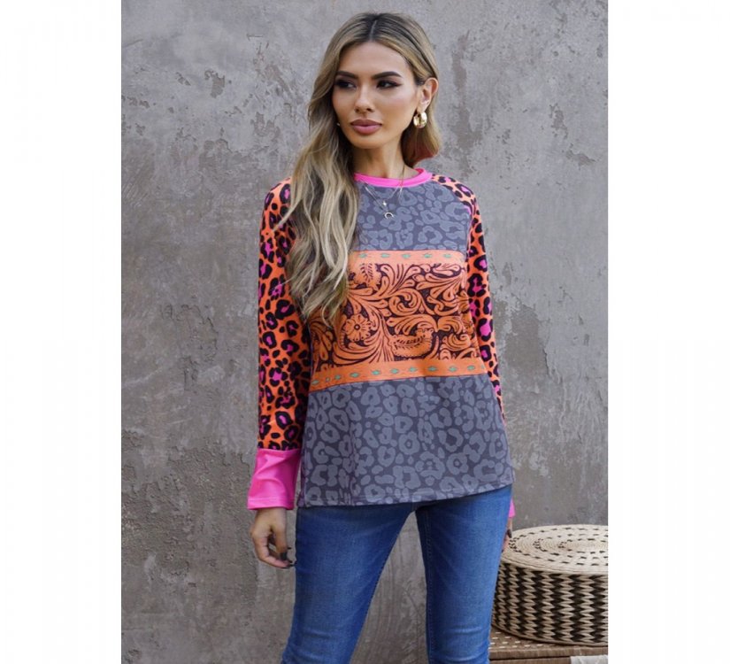 Western Tribal Print Patchwork Long Sleeves Top - from category Long Sleeve Tops