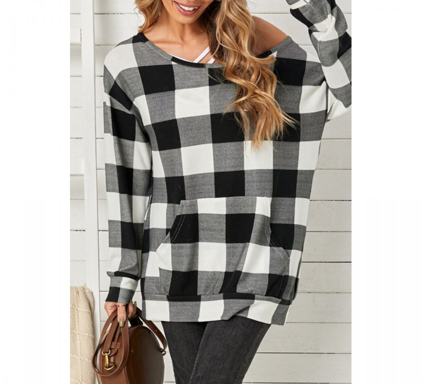 Plaid Kangaroo Pocket Long Sleeve Blouse - from category Long Sleeve Tops