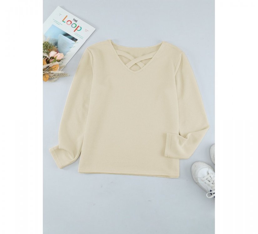 Beige Crisscross Neck Ribbed Knit Top - from category Long Sleeve Tops