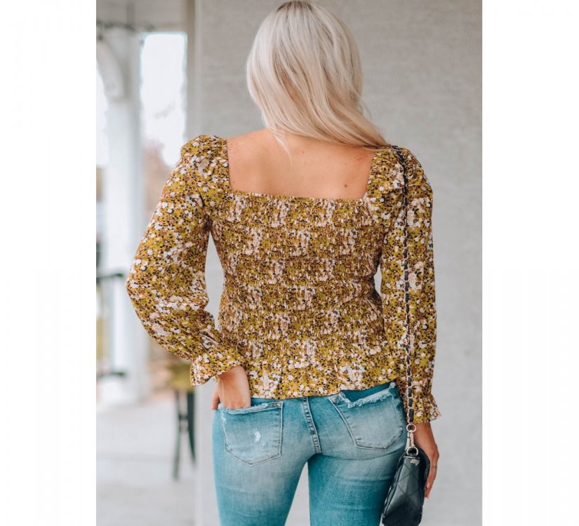 Yellow Square Neck Smocked Floral Top - from category Long Sleeve Tops