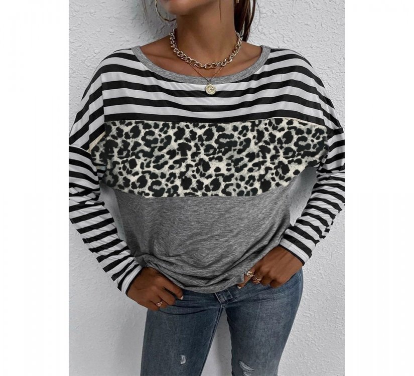 Striped Leopard Block Splicing Long Sleeve Top - from category Long Sleeve Tops