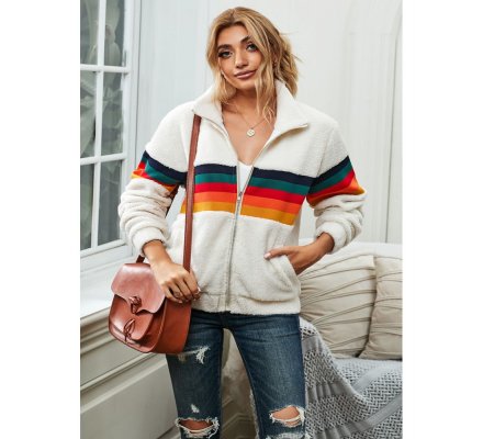 Rainbow Stripes White Sherpa Jacket Coat