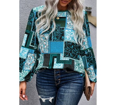 Blue Bohemian Floral Print Patchwork Top - from category Long Sleeve Tops