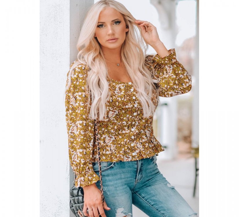 Yellow Square Neck Smocked Floral Top - from category Long Sleeve Tops