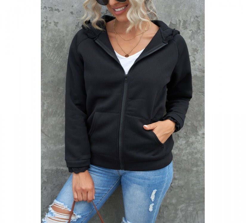 Black Zip-up Lace Trim Hooded Coat - from category Jackets & Coats