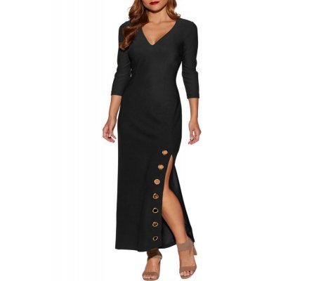 Grommet Side Slit Accent Black Maxi Dress - from category Maxi Dresses