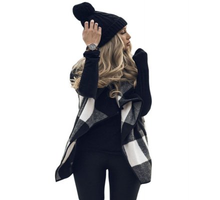 Black White Plaid Open Front Vest - from category Jackets & Coats