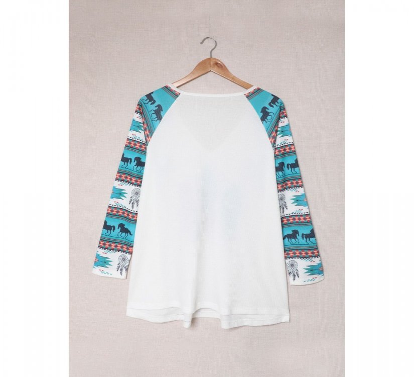 Western Aztec Geometric Feather Horse Blouse - from category Long Sleeve Tops