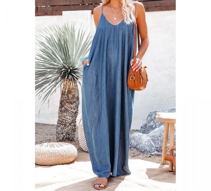 Blue Spaghetti Straps Denim Maxi Dress