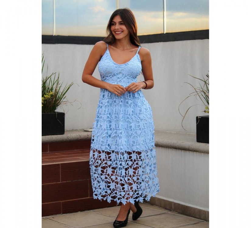 Light Blue Spaghetti Strap V-Neck Lace Midi Dress - from category Midi Dresses