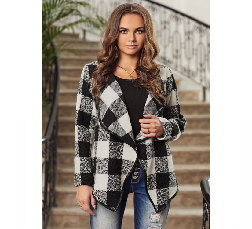 Black?Plaid Long Sleeve Asymmetric Collar Open Front Coat - from category Jackets & Coats