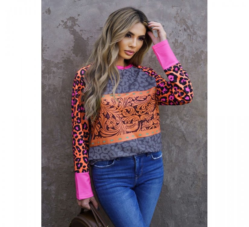 Western Tribal Print Patchwork Long Sleeves Top - from category Long Sleeve Tops