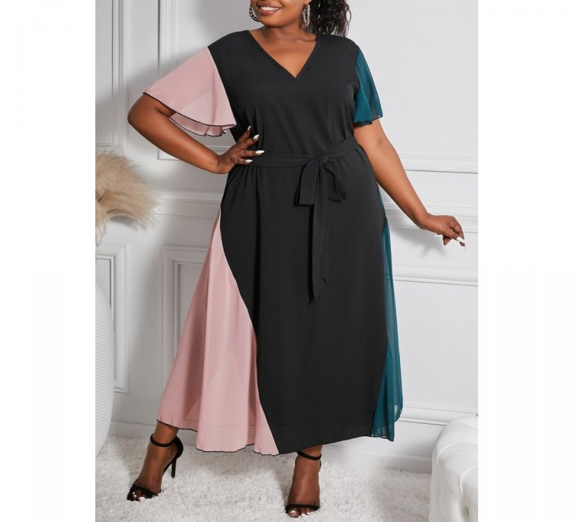 Color Block Lace-up V Neck Plus Size Maxi Dress - from category Maxi Dresses