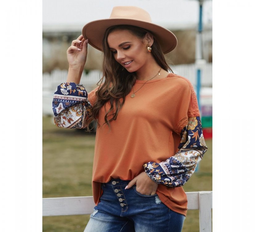 Brown Boho Floral Print Balloon Sleeve Top with Lace Details - from category Long Sleeve Tops