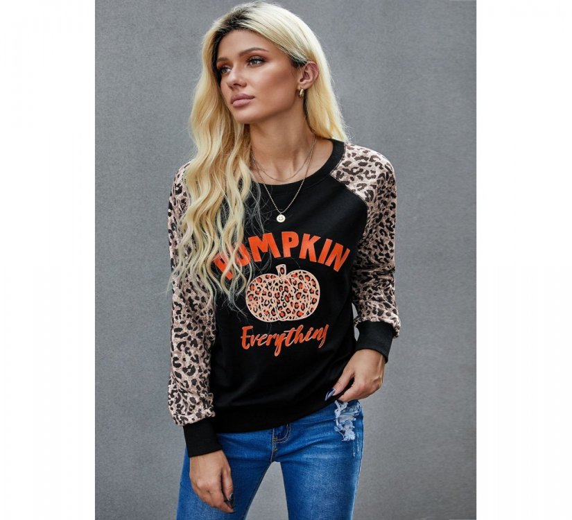 Halloween Leopard Pumpkin Print Long Sleeve Crew Neck Top - from category Long Sleeve Tops