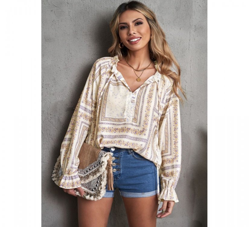 Beige V Neck Lantern Sleeve Drawstring Tribal Print Top - from category Long Sleeve Tops