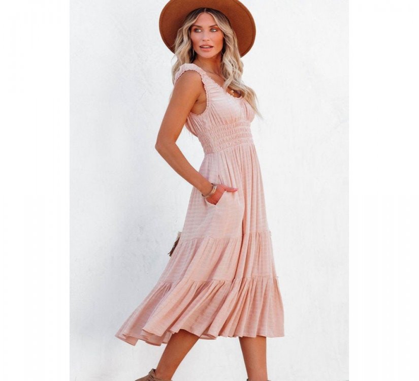 Apricot Smocked Ruched Sleeveless High Waist Midi Dress