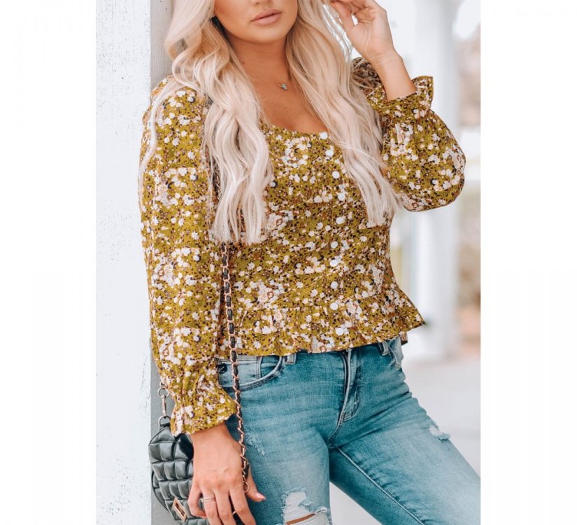 Yellow Square Neck Smocked Floral Top - from category Long Sleeve Tops